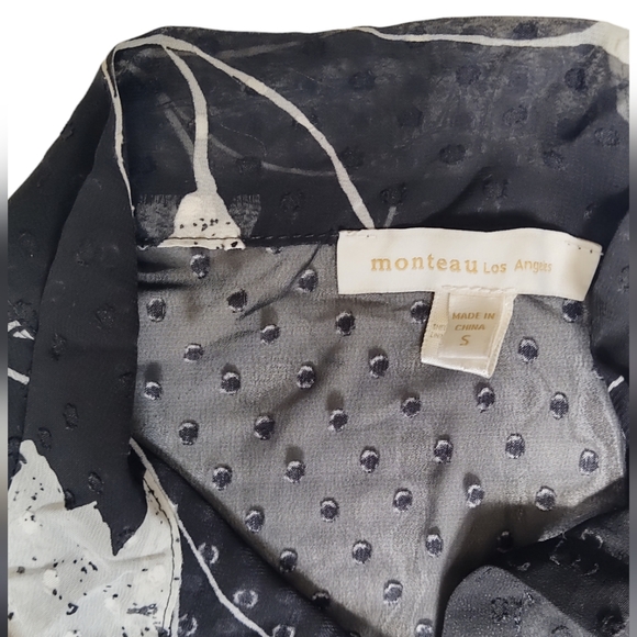 Monteau Los Angeles Black & White Swiss Dot Sheer Floral Print Blouse Size S - Picture 5 of 5